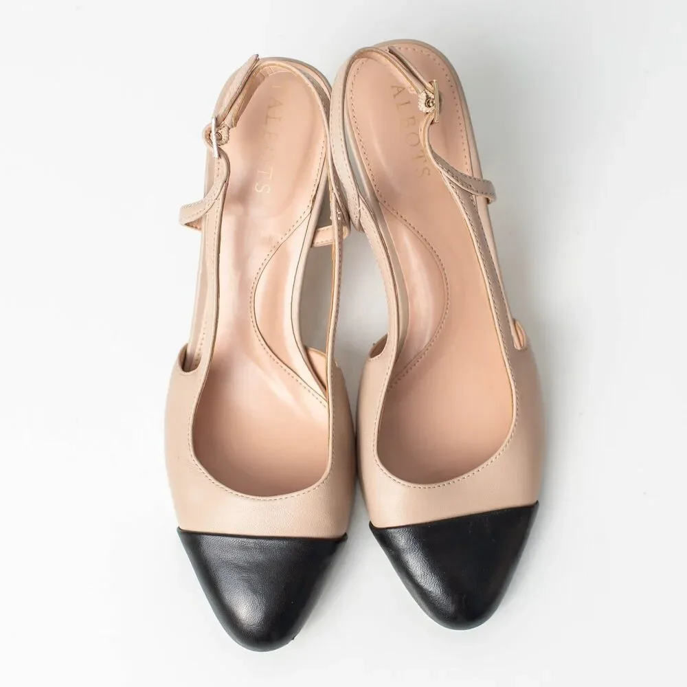 Talbots Women's 7.5 Leather Slingback Pumps Nude Beige Black Cap Toe Heels